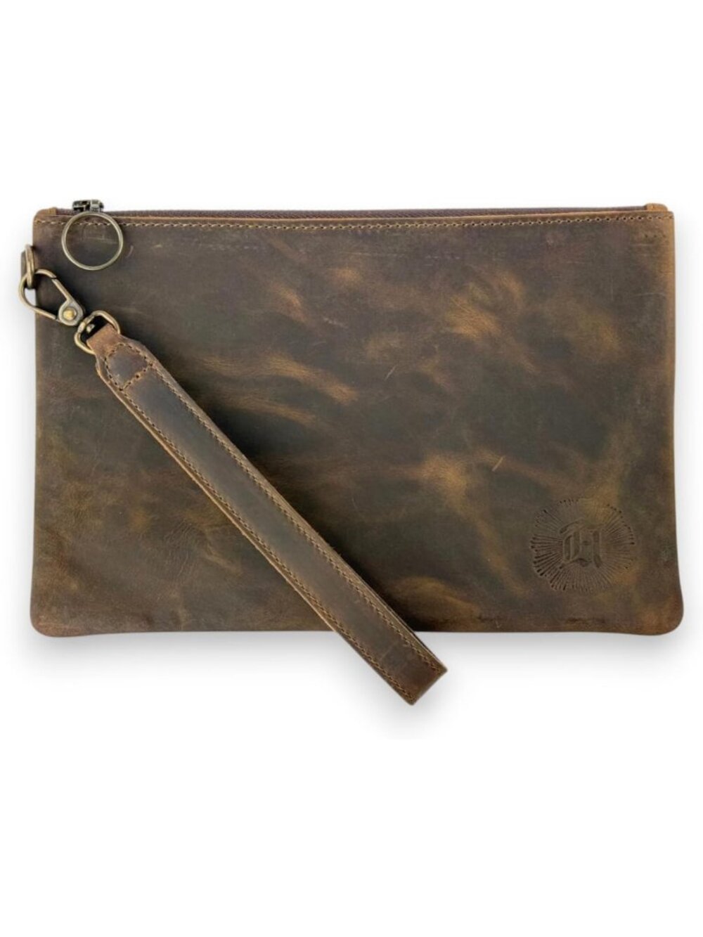 Medium Whiskey Brown Leather Zipper Pouch with Wristlet Strap - Stylish